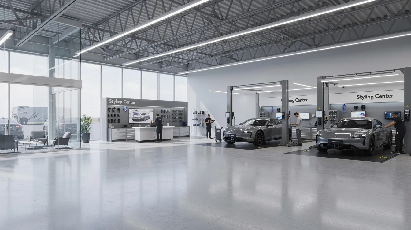 The image depicts a modern automotive styling center featuring large windows and professional service bays, designed for window tint installation and paint protection film services. This facility represents a successful turbo tint franchise, showcasing the potential for franchise owners in the automotive aftermarket industry.