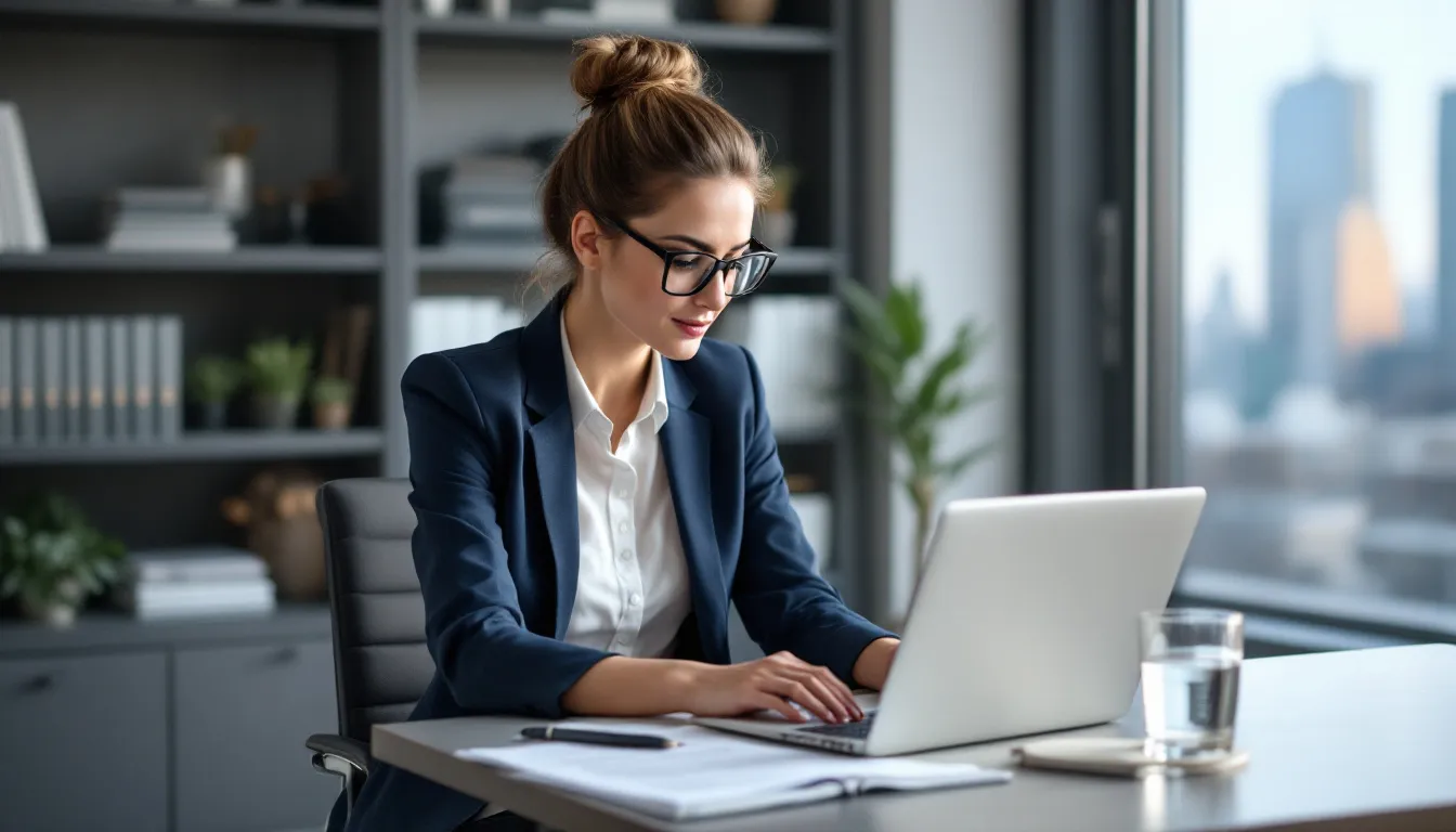 A professional woman is focused on her laptop, reviewing various estate planning documents, which may include wills and trusts, to ensure a comprehensive estate plan for her family. This scene highlights the importance of working with an experienced estate planning attorney to navigate legal processes and secure financial decisions for loved ones.