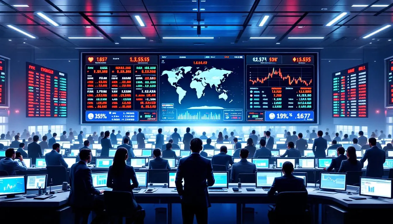 The image depicts a bustling global currency trading floor, filled with forex traders focused on multiple screens displaying real-time forex market data, currency fluctuations, and trading operations. This dynamic environment highlights the fast-paced nature of forex trading and the importance of payment solutions for international transactions.