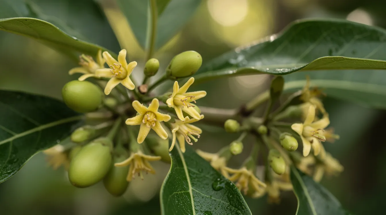 A close-up view of yellow-green avocado flowers and tiny early fruitlets on leafy branches showcases the delicate avocado flowering patterns typical of young avocado trees. This image highlights the early fruit stages, emphasizing the potential for fruit production on the mature avocado tree.
