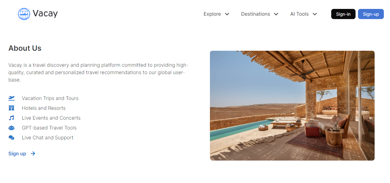 AI Travel Tool - Vacay Chatbot Website