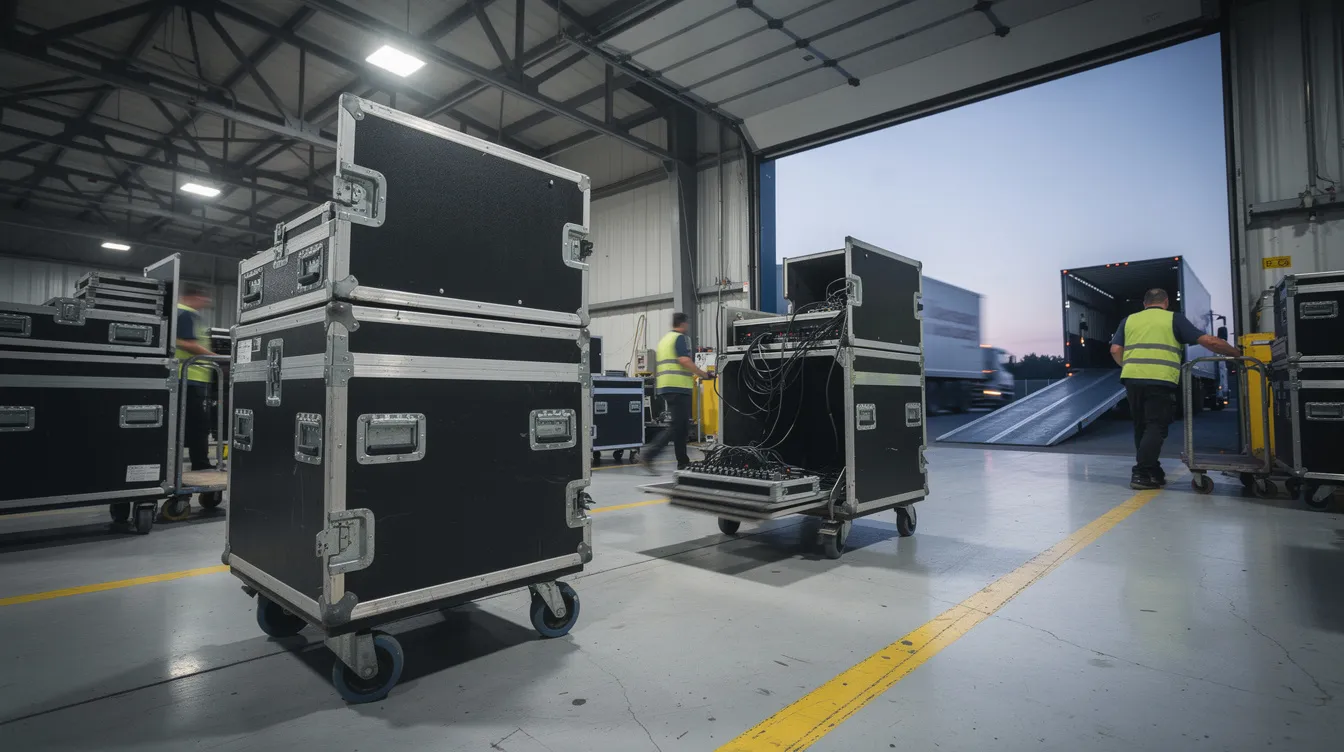 In a spacious loading dock area, road cases and heavy equipment are being efficiently moved on dollies, showcasing the logistical operations often seen at large venues like the Minneapolis Convention Center. This scene highlights the preparation and setup necessary for events, trade shows, and corporate gatherings.