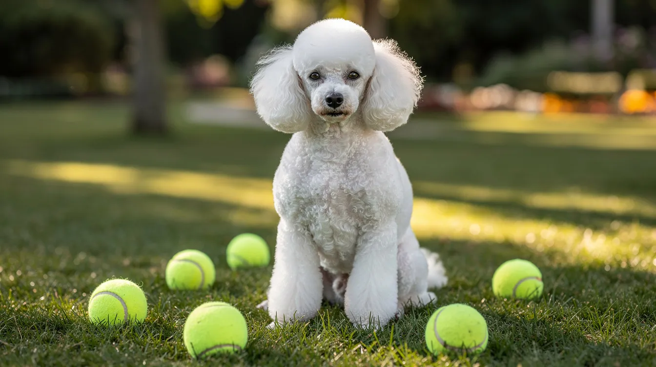 A white poodle dog is sitting on a lush green lawn, surrounded by scattered tennis balls, evoking a playful atmosphere reminiscent of a tennis match. The scene captures the joy of outdoor play, much like the excitement of a grand slam final.