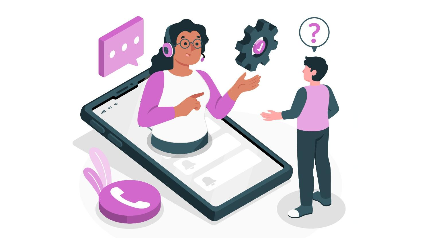 An illustration of a customer service representative emerging from a smartphone screen, talking to a person with a question mark above their head. This scene represents the role of business messaging tools in enhancing real-time mobile communication and SMS for businesses.