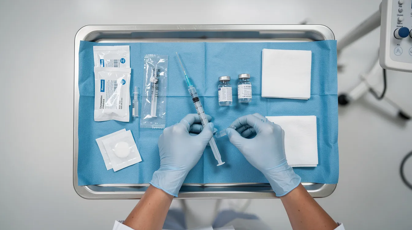 A medical professional is meticulously preparing injection supplies on a sterile tray in a clean clinical room, ready for a sculptra treatment aimed at stimulating collagen production for a more youthful appearance. The setup reflects a focus on safety and precision, essential for cosmetic procedures like the Brazilian butt lift.