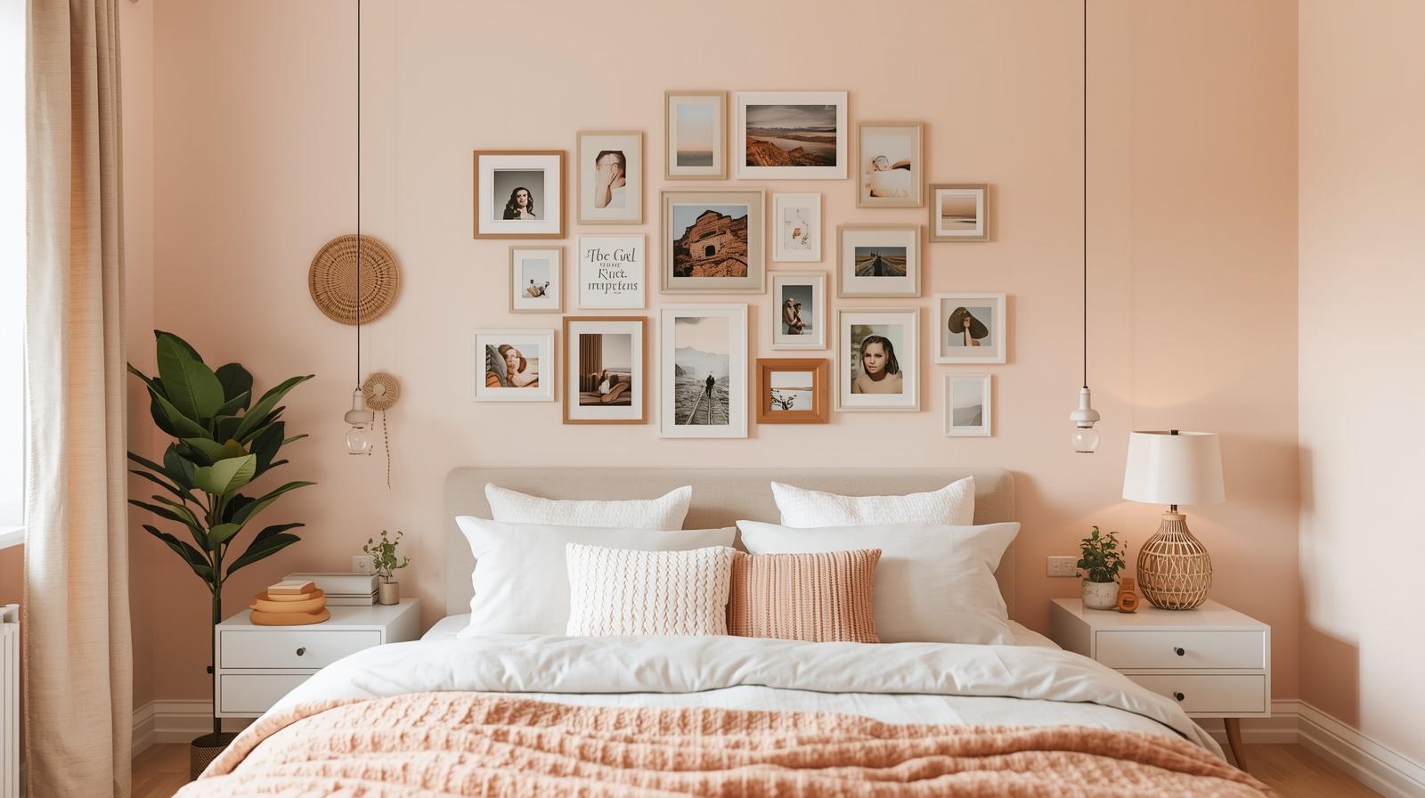 Cozy bedroom feel with photo wall frames above your bed, in all shapes and with a mix of art