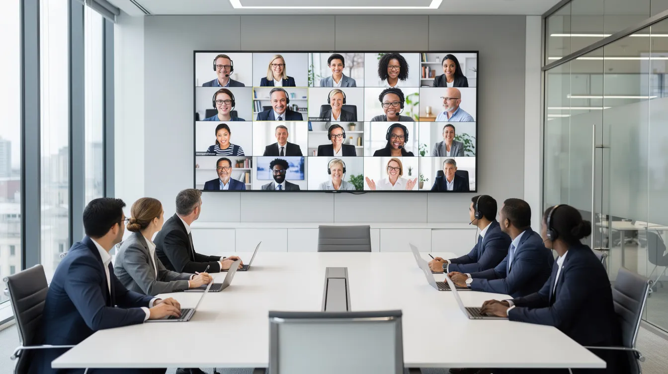 L'image montre une visioconférence où des participants sont réunis dans une salle de réunion, tandis que d'autres collaborateurs se connectent à distance sur un grand écran. Cette scène illustre un environnement de travail moderne, favorisant la diversité et l'engagement au sein de la culture d'entreprise.