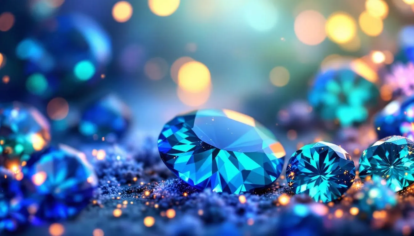 An assortment of December birthstones including tanzanite and turquoise.
