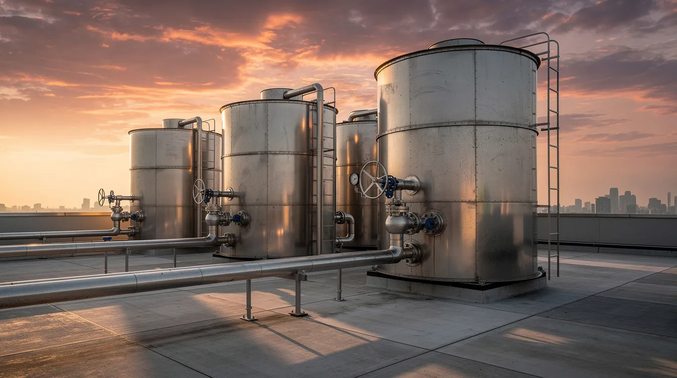 The image shows large interconnected water storage tanks atop a commercial building during sunset, highlighting the importance of proper water storage and maintenance for ensuring water quality. Regular water tank cleaning services are essential to prevent sediment buildup and harmful bacteria, promoting a safe and healthy environment.