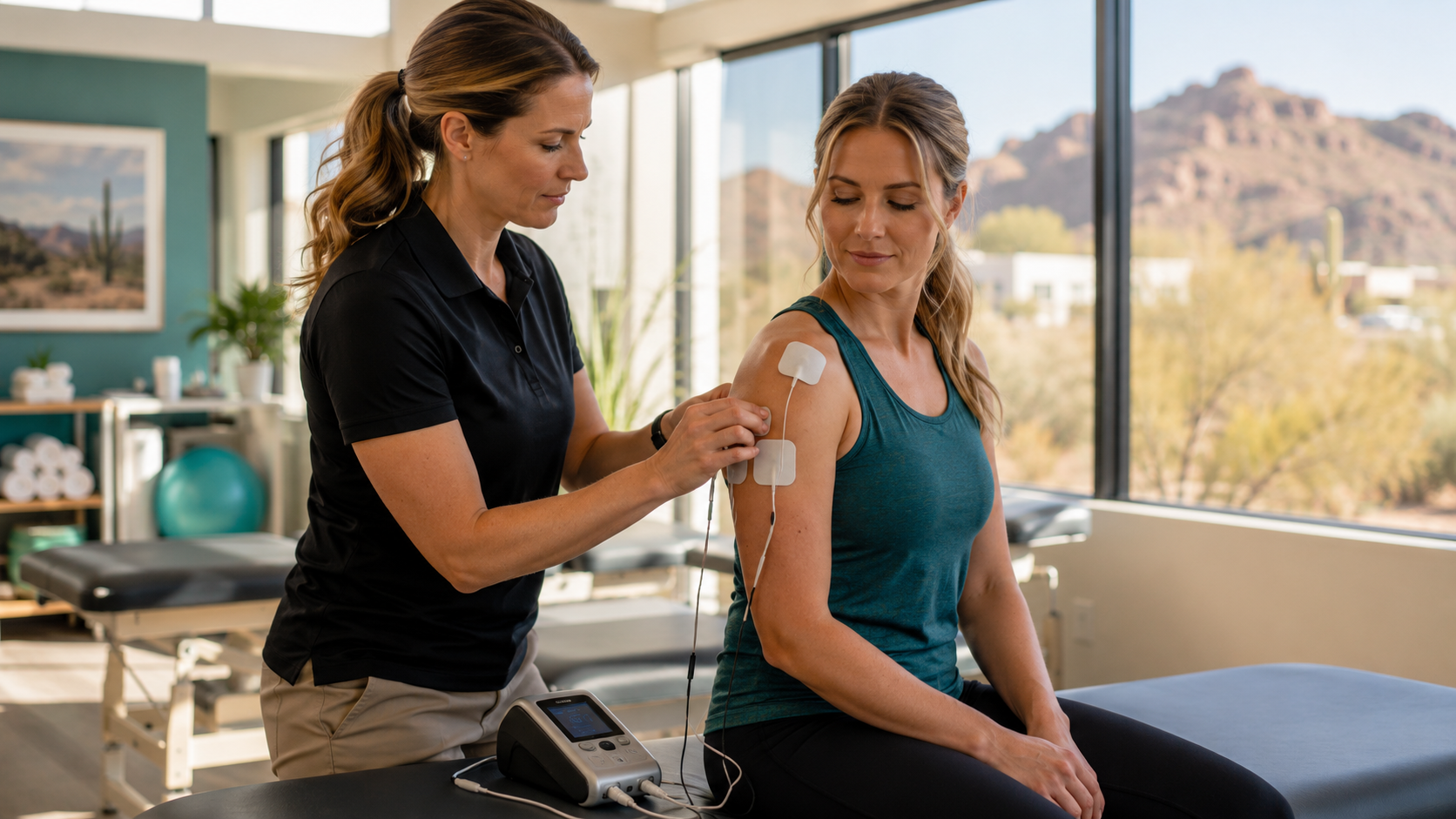 Physical therapist applies electrode pads to patient’s shoulder in Scottsdale clinic.