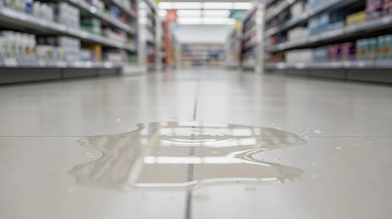 Imagen de un piso mojado en un pasillo de tienda, donde se forma un charco de agua, lo que representa un posible peligro de resbalones y caídas para los visitantes. Este tipo de condiciones puede dar lugar a accidentes y lesiones, lo que podría requerir la intervención de un abogado especializado en resbalones en Houston para buscar compensación.