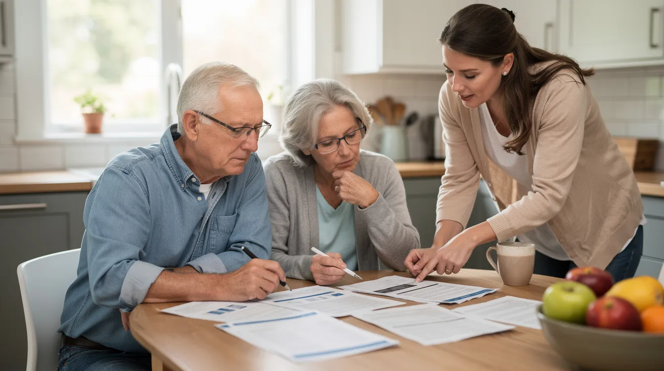 An older couple sits at a kitchen table, reviewing important paperwork with a supportive family member nearby, highlighting the role of family caregivers in assisting older adults with their caregiving responsibilities and access to community-based services. The warm atmosphere reflects the importance of personal care and caregiver support in promoting independence for care recipients.