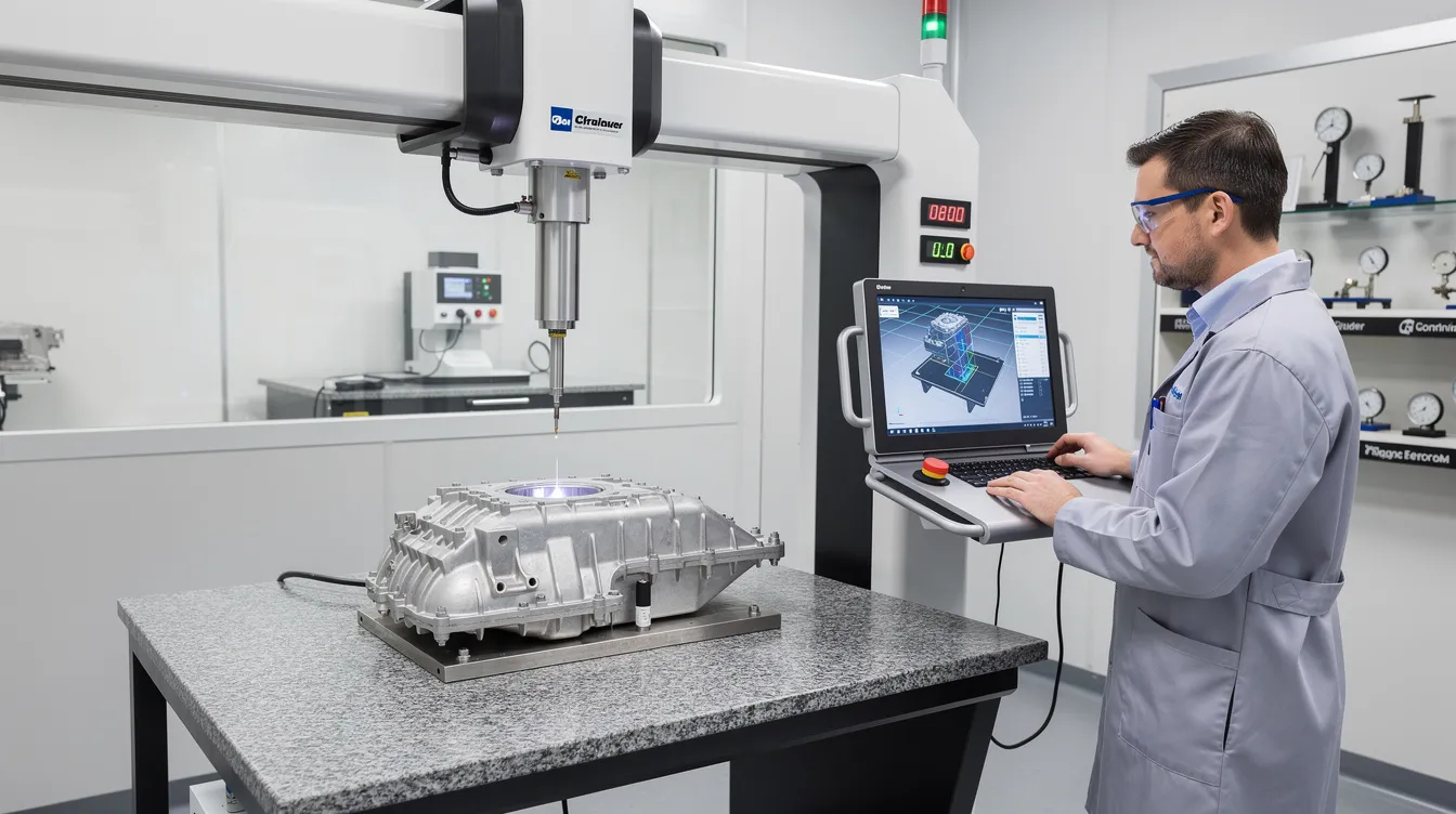 A quality engineer is operating a Coordinate Measuring Machine in a climate-controlled metrology room, inspecting a precision machined aerospace component to ensure it meets tight tolerances and specifications. This meticulous process reflects the company's commitment to producing components of the highest quality for the aerospace industry.