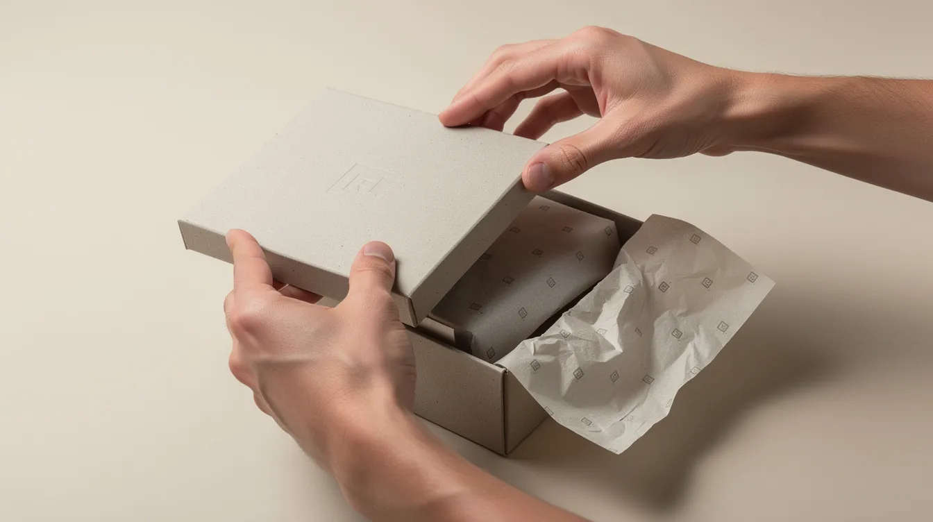 The image shows hands carefully opening a beautifully designed product box, revealing branded tissue paper inside, which enhances the unboxing experience for private label products. This attention to custom packaging reflects a strong brand identity and aims to build customer loyalty.