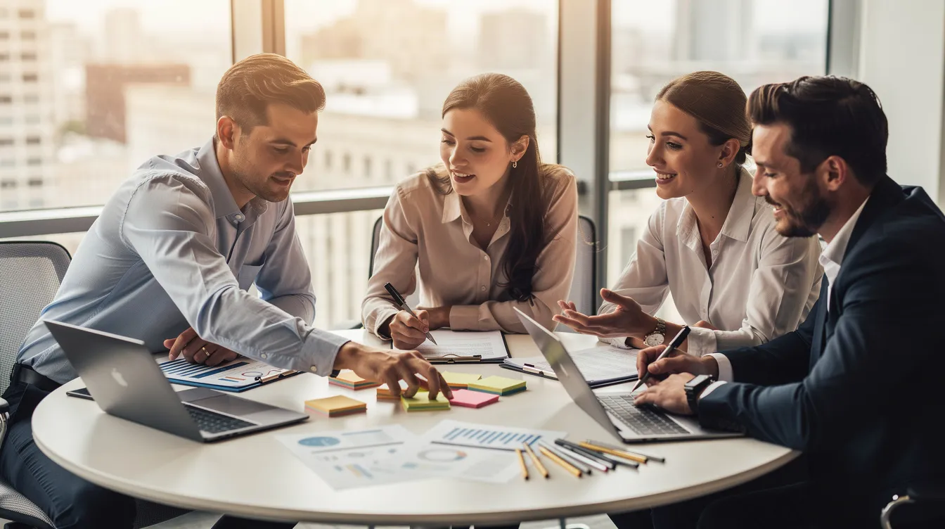 Une équipe de professionnels se réunit autour d'une table ronde, échangeant des idées et des conseils tout en utilisant des post-it et des documents pour faciliter la prise de décision. Leur collaboration active illustre les défis et la difficulté à prendre des décisions importantes dans un environnement de travail.
