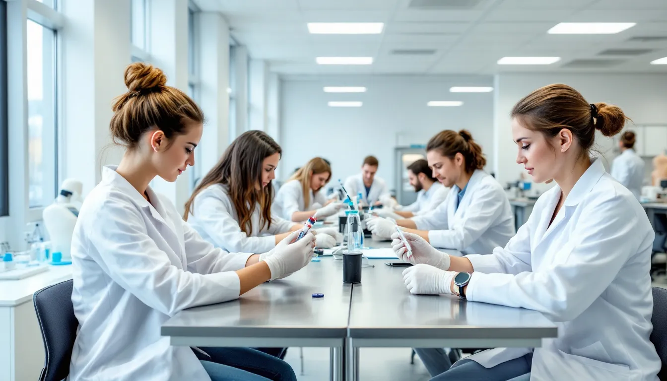 In a modern phlebotomy training laboratory, students are practicing venipuncture techniques, honing their skills in specimen collection under the guidance of instructors. This hands-on training is essential for those enrolled in a phlebotomy technician program as they prepare for certification exams and future career opportunities in clinical laboratory sciences.