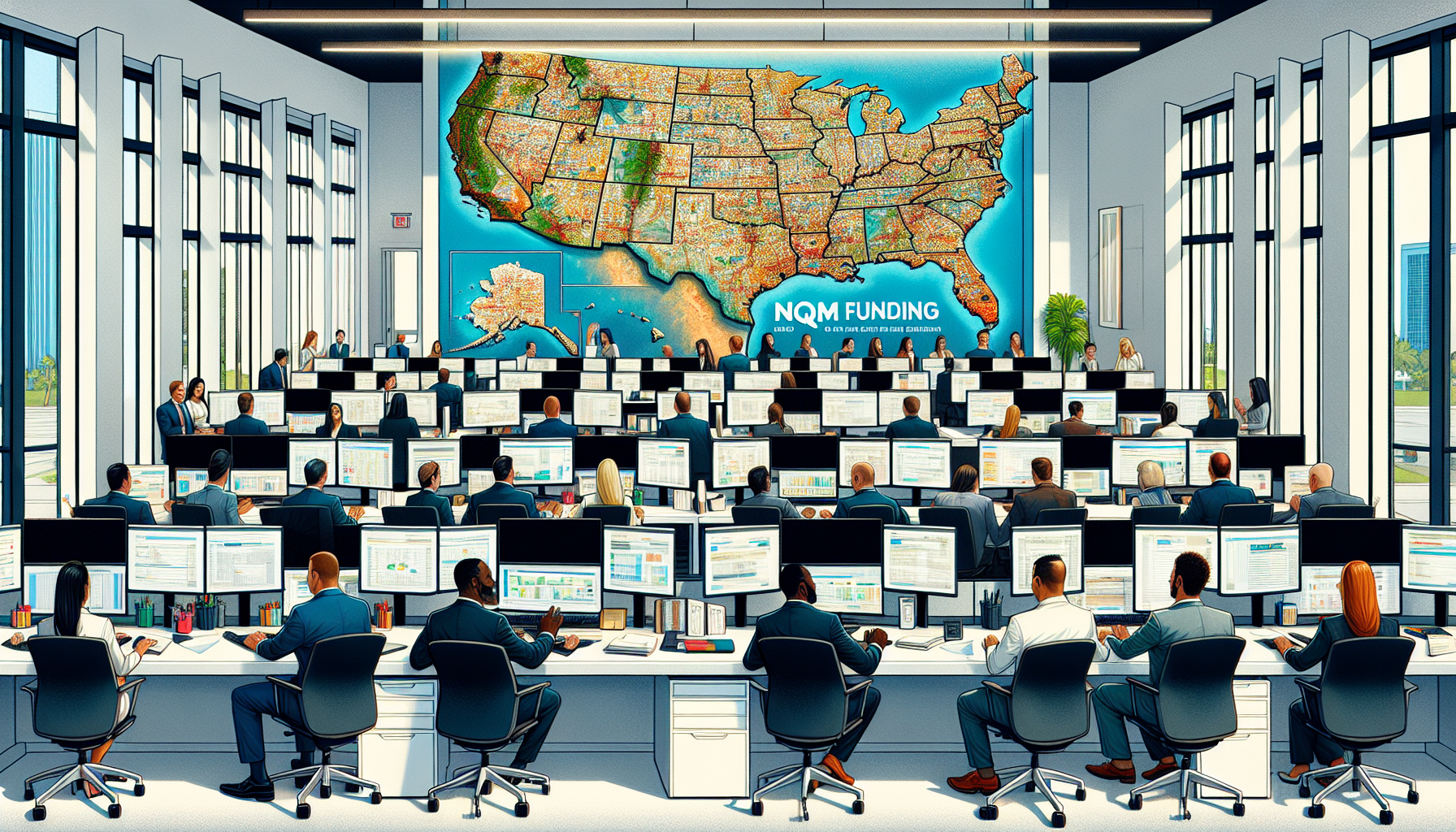 Illustration of NQM Funding office with Florida map on the wall