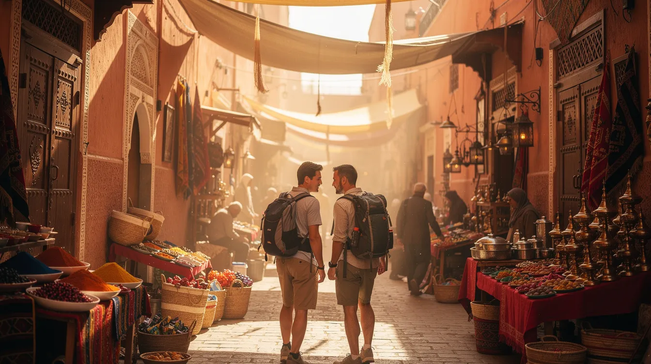 Two travelers, a same-sex couple, stroll discreetly through a sunlit Moroccan medina, surrounded by vibrant market stalls and warm, traditional architecture. The scene captures the essence of Morocco, a popular destination for LGBTQ travel, where local customs and societal norms create a unique backdrop for their journey.