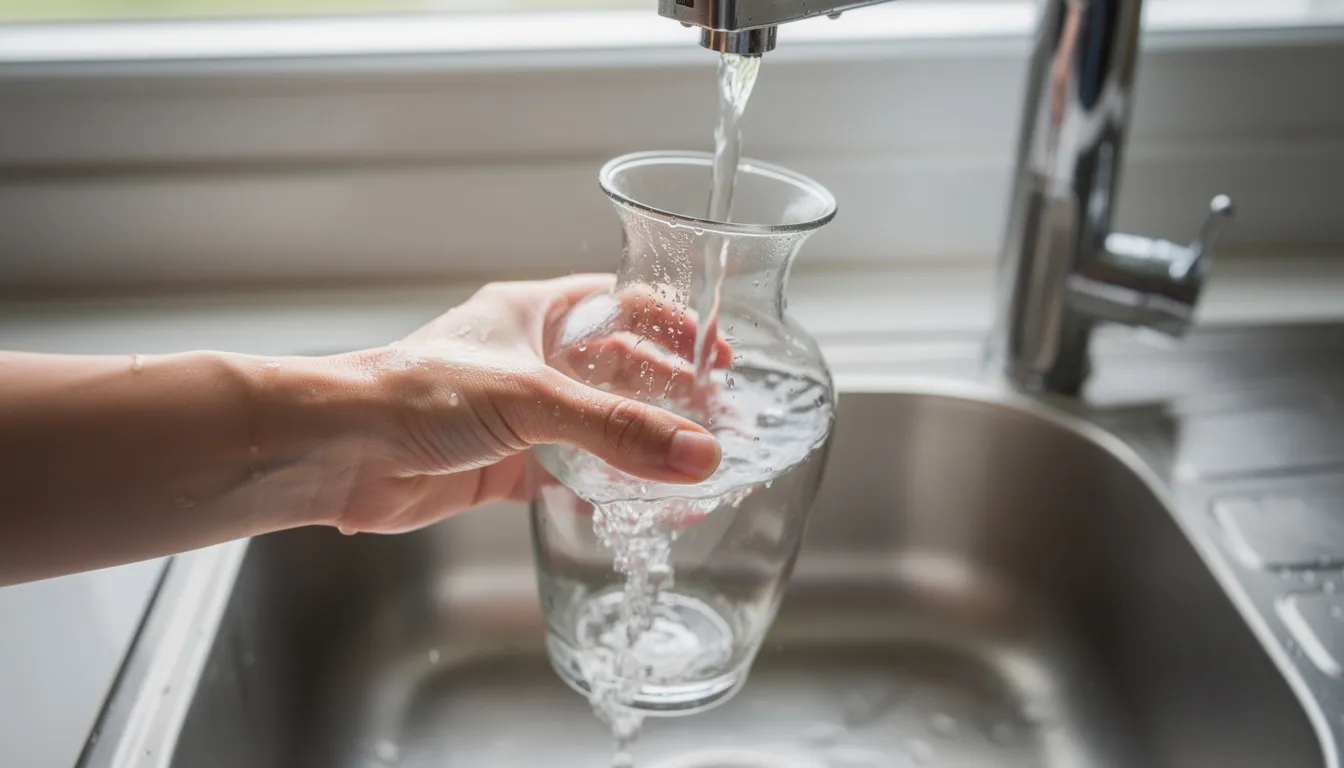 En hand håller en elegant glasvas under rinnande vatten vid en diskbänk, vilket visar på en noggrann rengöring av vaser som passar för att visa blommor i hemmet. Vasen är en vacker inredningsdetalj som kan komplettera olika rum och stilar.