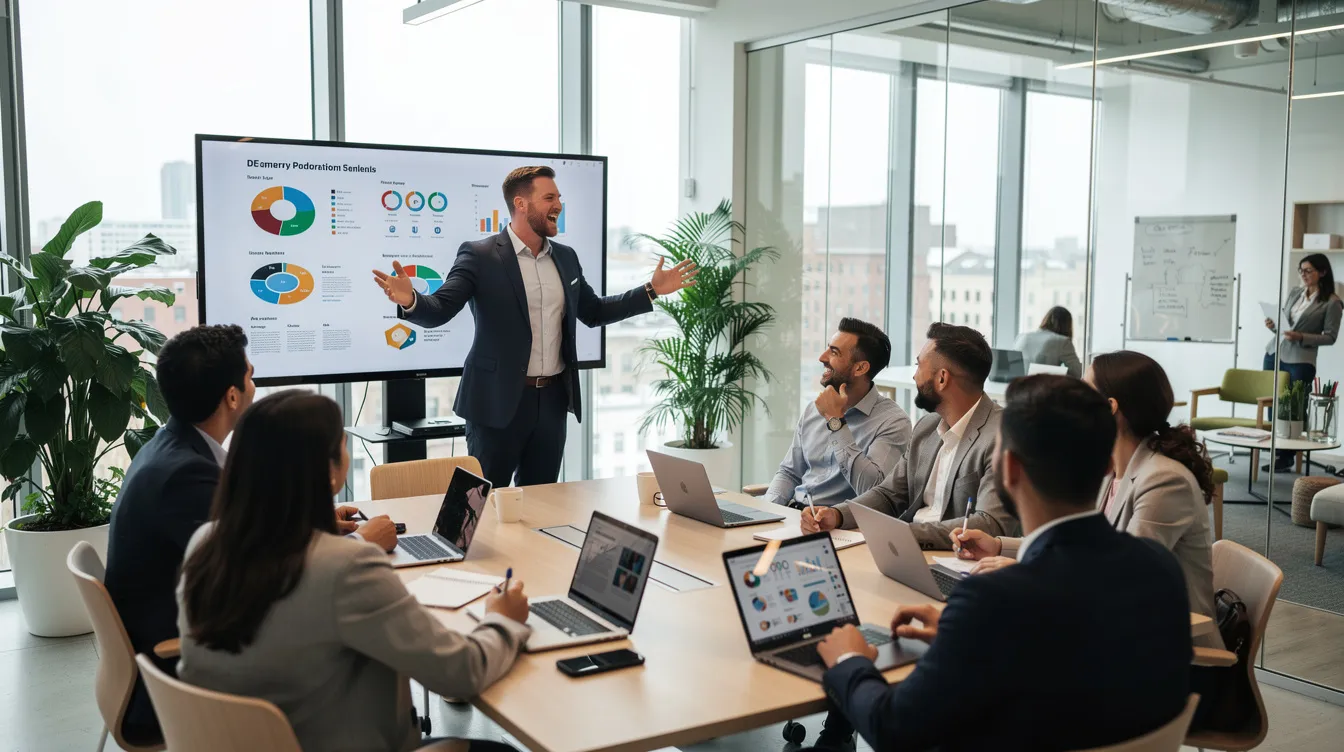 Un leader motivant son équipe lors d'une présentation dans un espace de travail collaboratif moderne, partageant des idées et des stratégies pour atteindre les objectifs de l'entreprise. L'ambiance est dynamique, favorisant la confiance et la prise de décision collective parmi les membres de l'équipe.