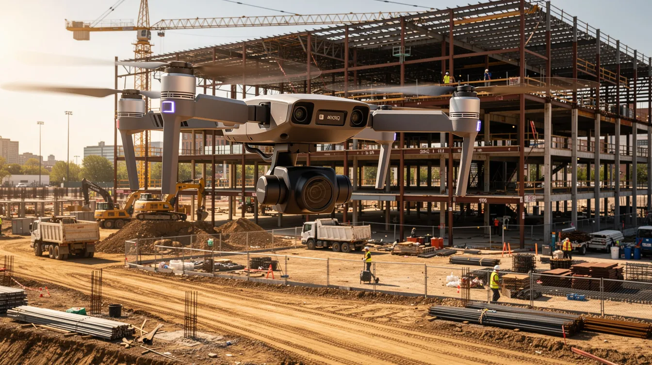 A commercial drone hovers above a bustling construction site, where project teams are actively working on steel framing and earthwork. This technology enhances efficiency and safety, allowing teams to track progress and manage project outcomes effectively.