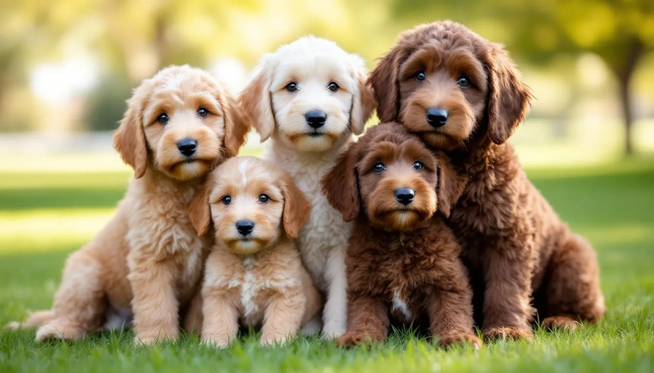 The image features a family of F1B Miniature Goldendoodles, showcasing a variety of coat colors and sizes, including curly and wavy textures. These adorable dogs, known for their low shedding and hypoallergenic coats, are perfect companions for first-time dog owners and families with kids.