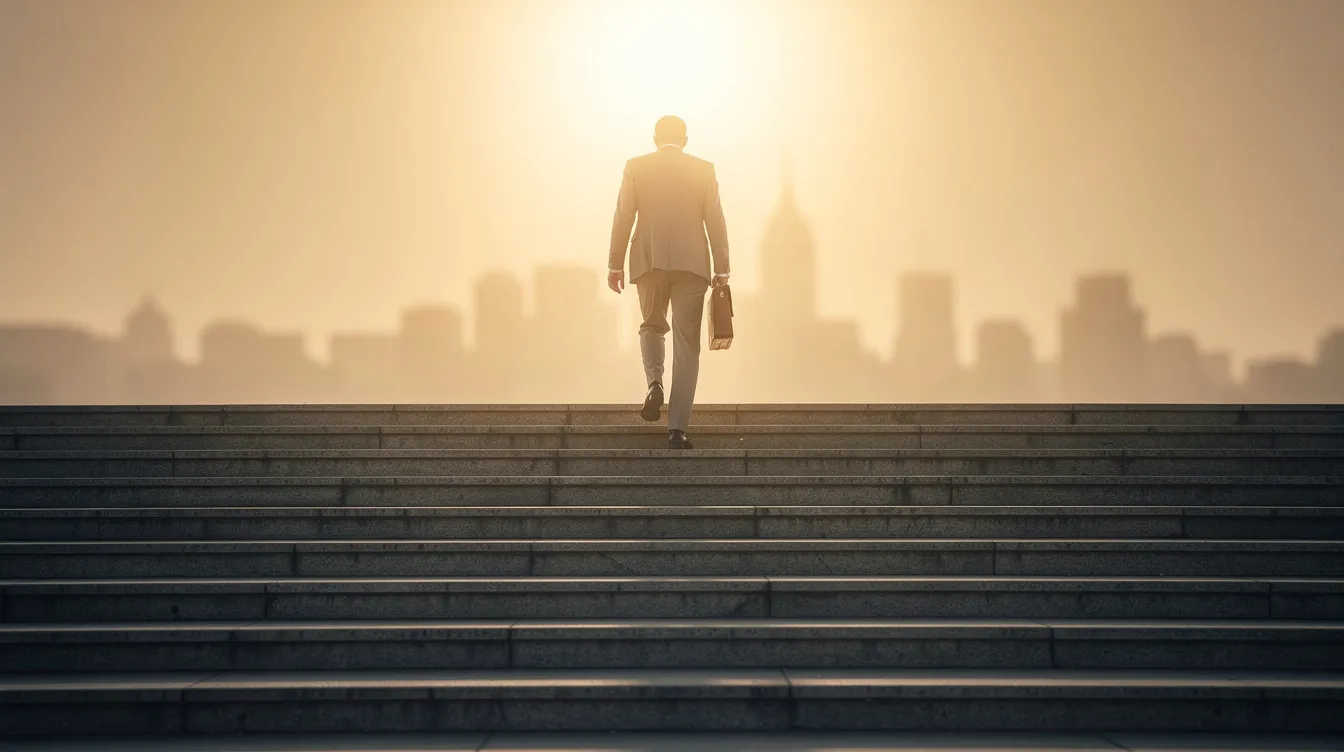 The image depicts a person walking up stone steps towards bright sunlight, symbolizing financial recovery and progress. This ascent represents the journey of overcoming financial challenges, akin to the process of managing 清 數 and achieving a better financial status.