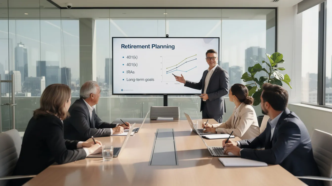 In a modern conference room, a diverse team of professionals engages in a discussion about retirement planning, focusing on employer-sponsored plans and investment options such as 401(k) plans and individual retirement accounts. They emphasize the importance of employee contributions, employer matches, and the various retirement savings options available to help achieve their financial goals.