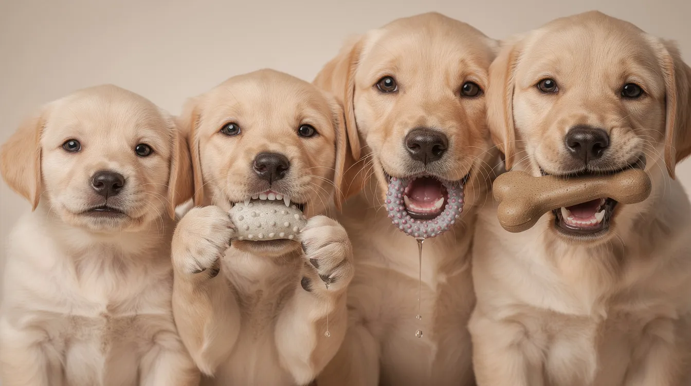 The image depicts a teething puppy, showcasing its tiny, developing teeth and swollen gums as it chews on a safe chew toy. This visual representation highlights the puppy teething process, illustrating the natural transition from baby teeth to adult teeth.