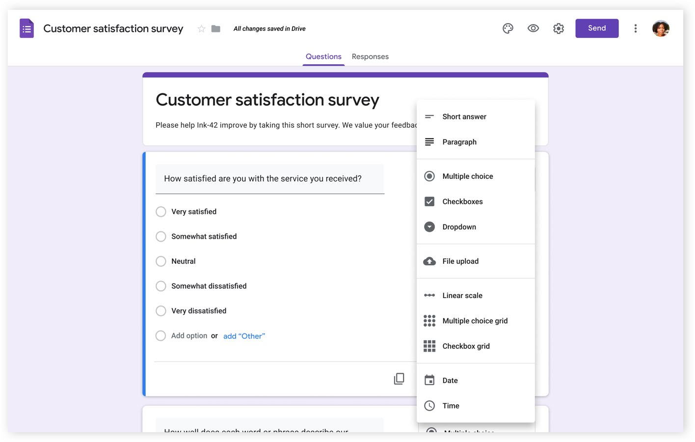 A screenshot of Google Forms, one of the most popular online form builder apps.