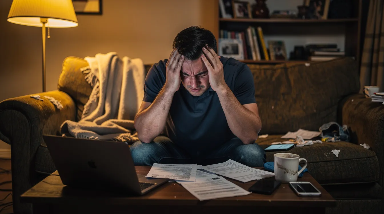 A man sits at home looking overwhelmed and stressed, reflecting the emotional turmoil often associated with toxic relationships. His body language suggests a struggle with anxiety, highlighting the importance of emotional well-being and the need for a supportive environment to address harmful behaviors.