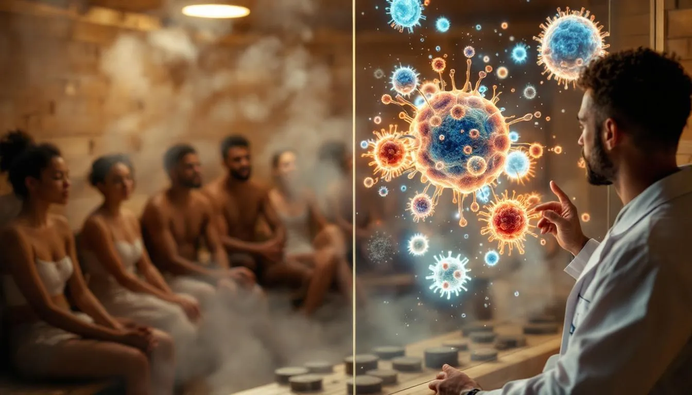 A serene sauna environment promoting stress reduction and immune system support.