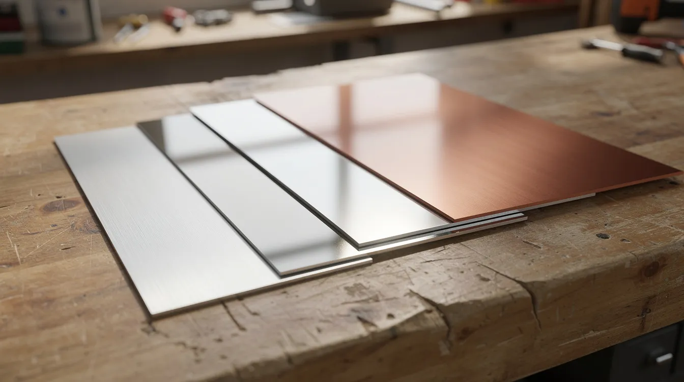 The image features a variety of metal sheet samples, including brushed aluminum, polished stainless steel, and copper, meticulously arranged on a workbench, showcasing different sheet metal materials used in custom metal fabrication services. These samples highlight the quality and aesthetic options available for sheet metal fabrication parts in various industries.