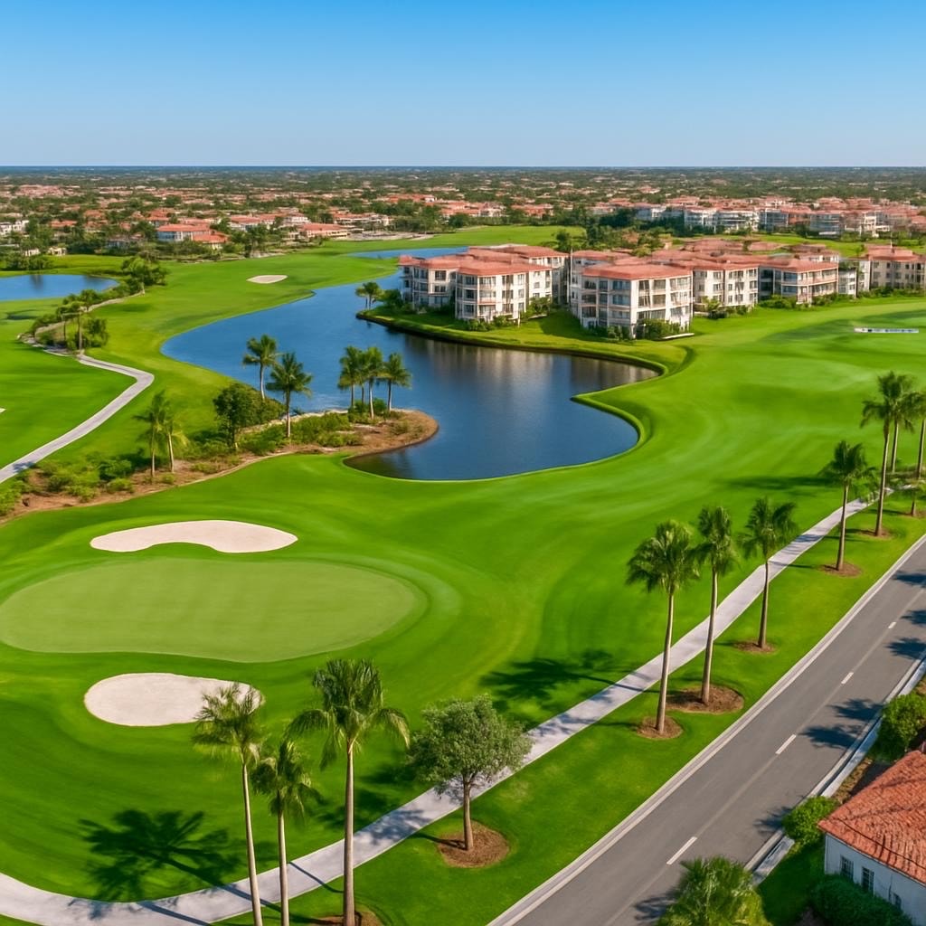 The image depicts a championship golf course in Gulf Harbour, Fort Myers, Florida, featuring scenic water views and palm trees lining the fairways, creating a picturesque landscape for golf lovers. This exceptional community offers world-class amenities, including a yacht and country club, making it a premier destination for both recreational activities and luxury living.