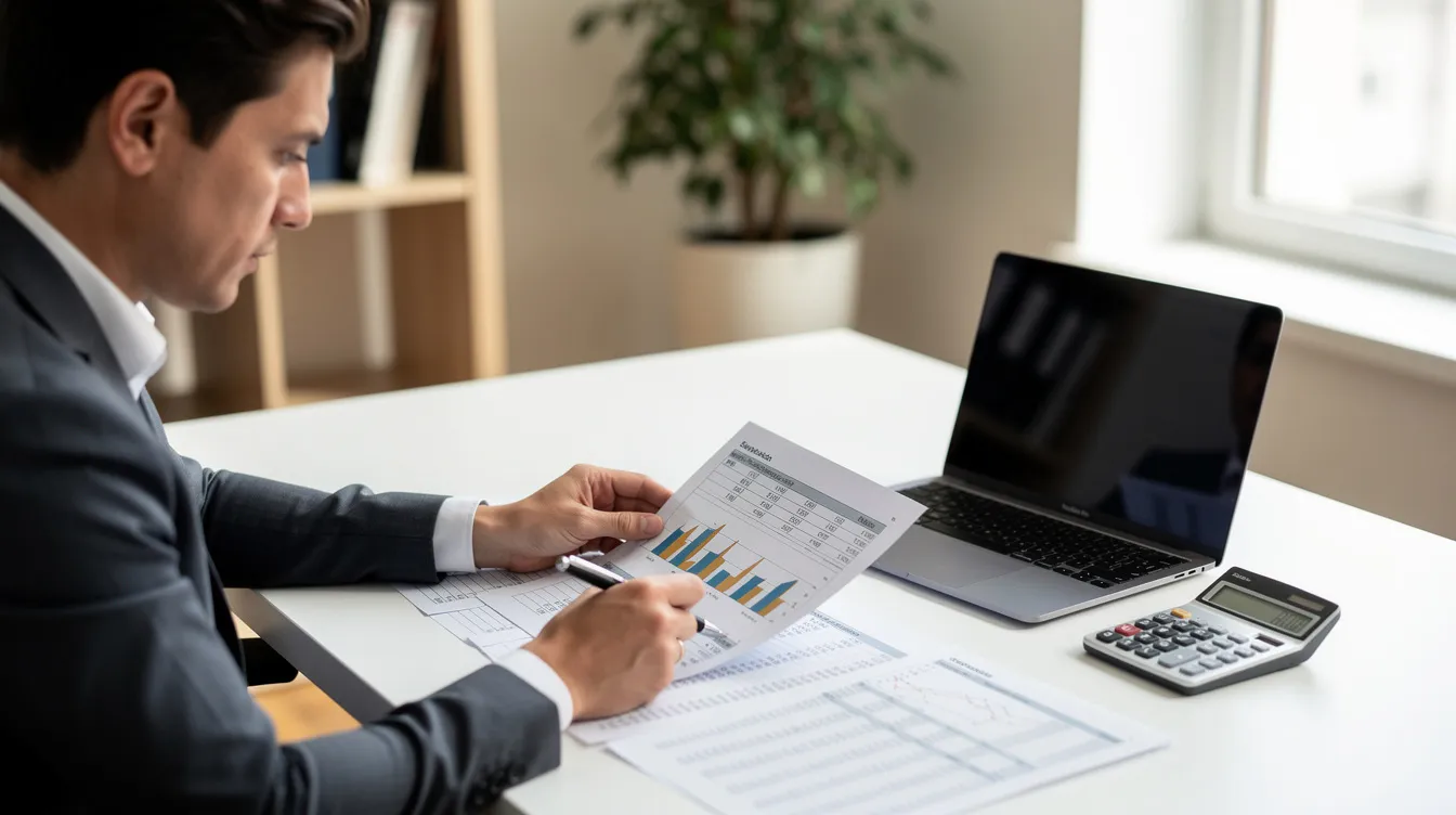 The image depicts a person sitting at a desk, focused on reviewing financial documents alongside a laptop and a calculator. They appear to be analyzing aspects related to restricted stock units (RSUs) and tax implications, such as ordinary income tax and capital gains tax.