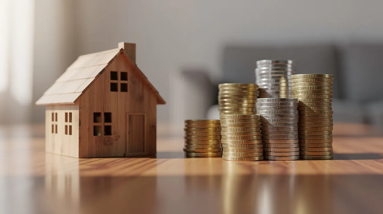 Das Bild zeigt ein kleines Holzhausmodell, das neben gestapelten Münzen auf einem Tisch steht. Diese Darstellung symbolisiert die Verbindung zwischen Eigenkapital und Hauskauf, sowie die finanziellen Aspekte der Immobilienfinanzierung.