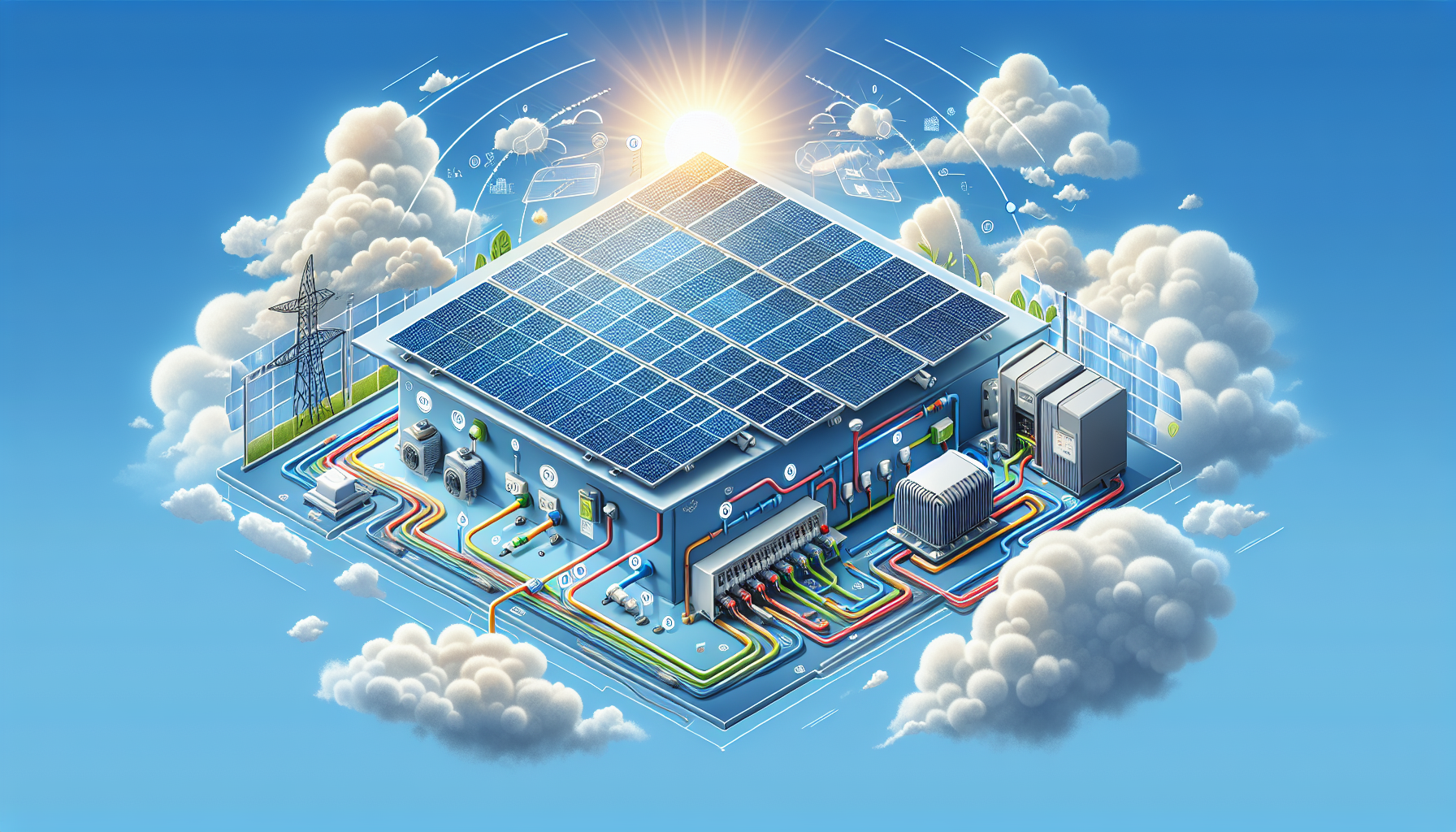 An illustration of the components of a solar panel system, highlighting solar cells and inverters.