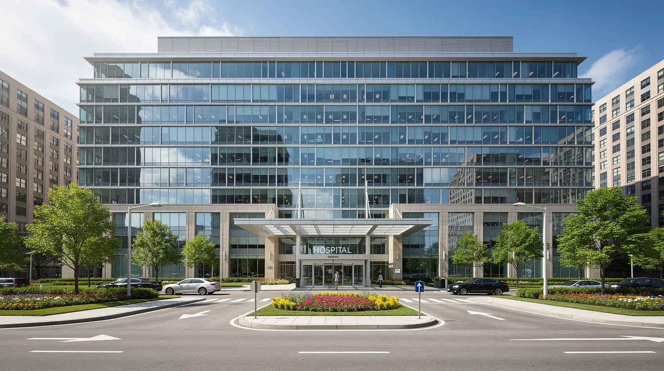 a48fda28 9f49 42dc bb67 11892fc43a9d The image depicts a modern hospital building with a sleek glass facade and a beautifully landscaped entrance, set against a bright, sunny urban backdrop. This facility is designed to provide essential cancer treatment and care for many patients, enhancing their experience and access to medical services.
