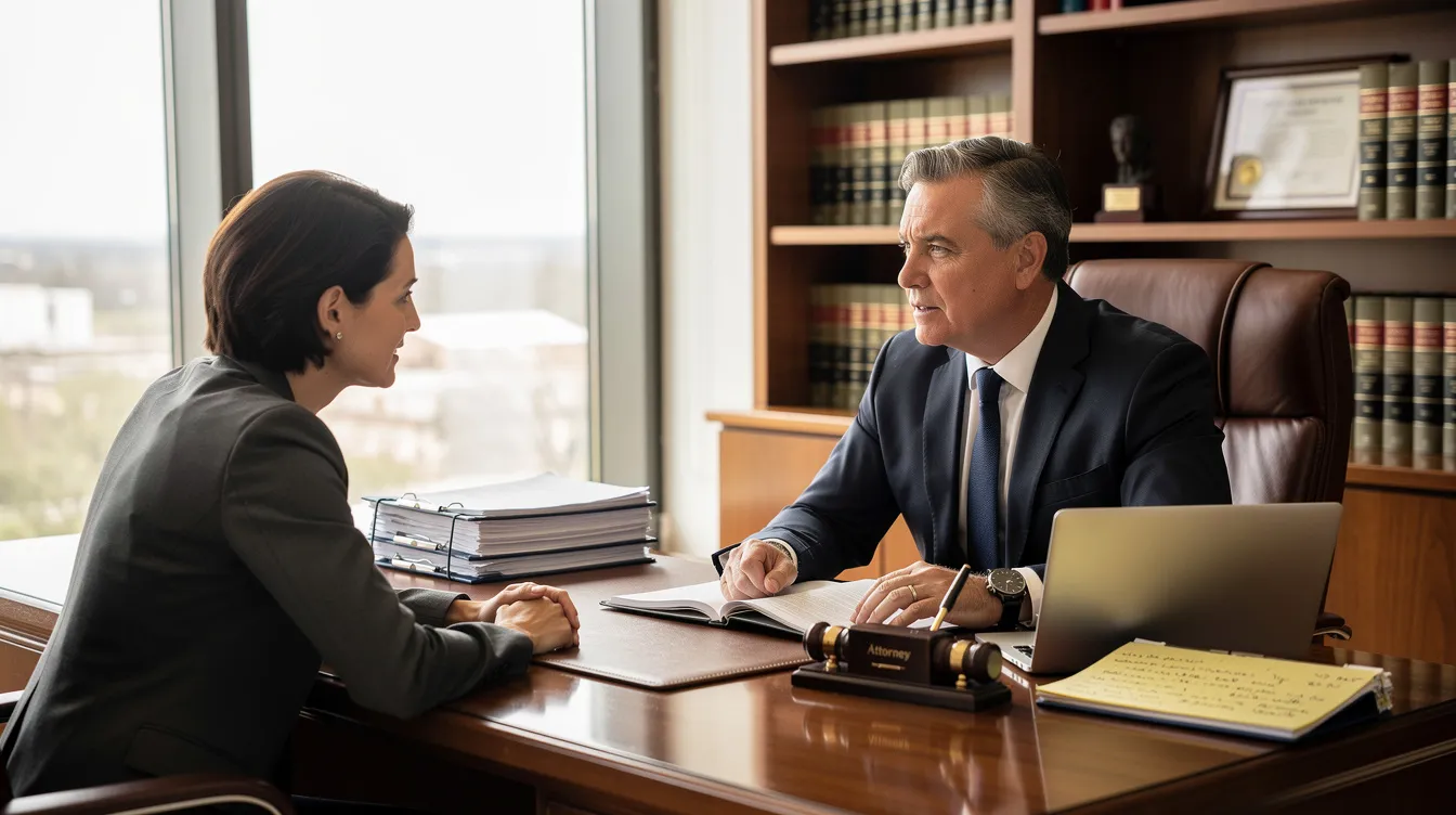 The image depicts a professional meeting between an attorney and a client in a well-furnished office, where they discuss a truck accident case. The attorney appears knowledgeable and supportive, providing legal guidance on how to navigate the complexities of a personal injury lawsuit related to truck accident injuries.