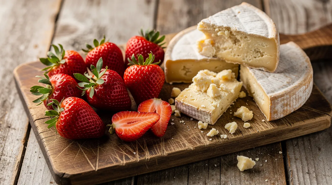 The image features fresh strawberries and aged cheese artfully arranged on a rustic wooden cutting board, creating a visually appealing display that highlights the sweet and creamy flavors of the strawberries and cheese. This combination evokes the essence of a strawberry cheesecake, inviting a sensory experience that is both fruity and rich.
