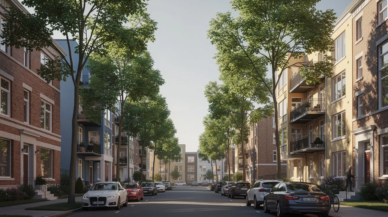 The image depicts a row of apartment buildings in a city neighborhood, with lush trees lining the street, creating a serene atmosphere. This scene highlights potential opportunities for real estate investments and investment property financing in a vibrant urban setting.