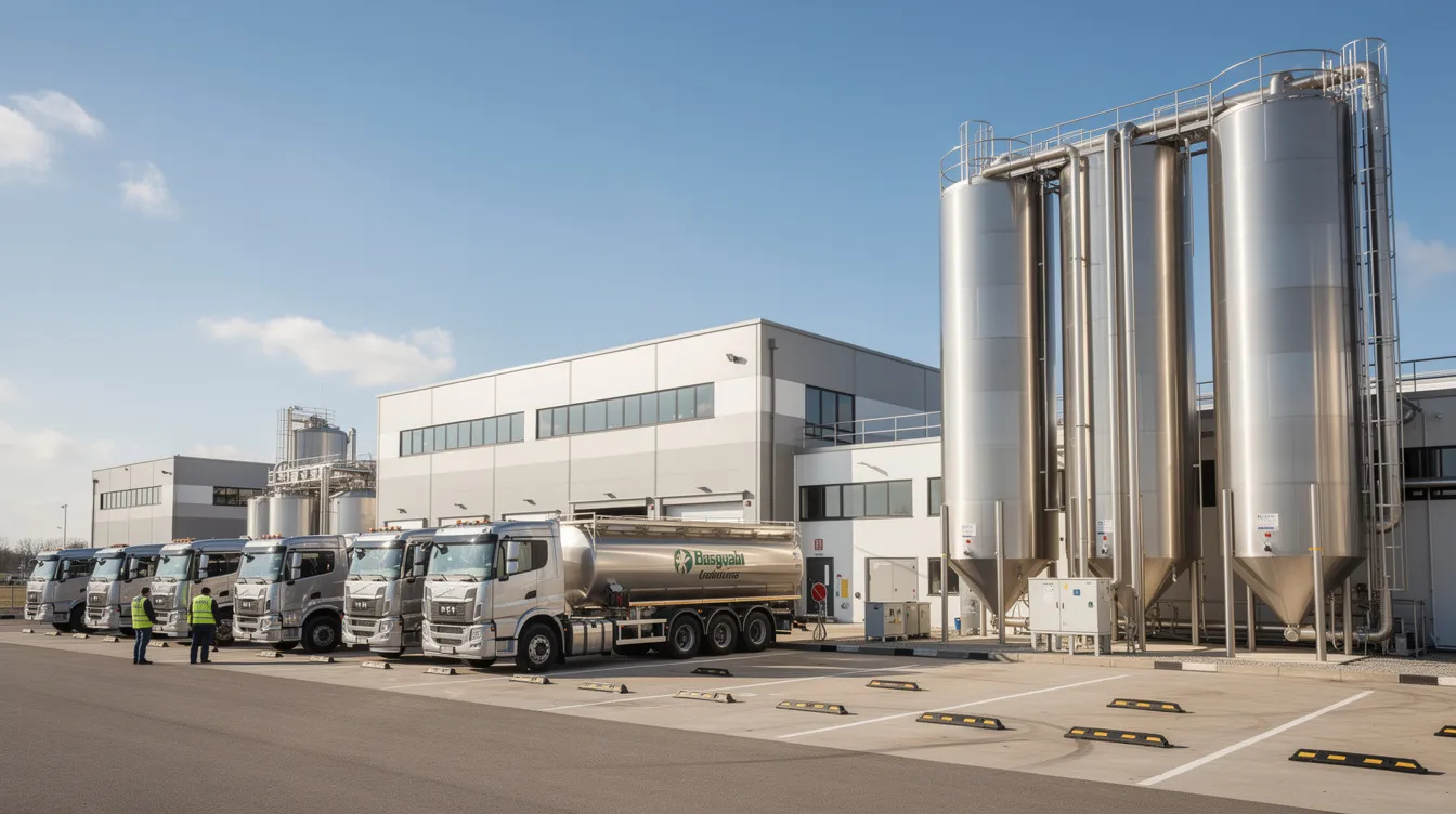 a4966660 882c 477b 9347 b7fb4020b5aa The image shows a large industrial dairy processing plant featuring stainless steel silos and tanker trucks parked outside, indicative of the milk powder production process. This facility is designed for processing liquid milk into dried milk powder through advanced techniques such as spray drying and drying chambers, ensuring high nutritional value and long shelf life for the final powdered products.