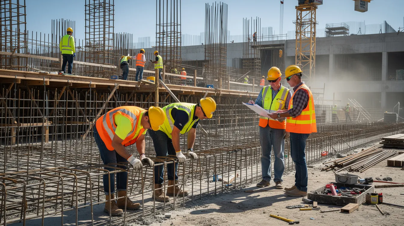 A group of construction workers, all wearing hard hats and safety vests, are actively engaged in building a structure at a construction site, surrounded by steel reinforcement bars. This scene reflects the job opportunities available in the labour market, particularly in Romania, where various companies are seeking skilled employees for construction positions.