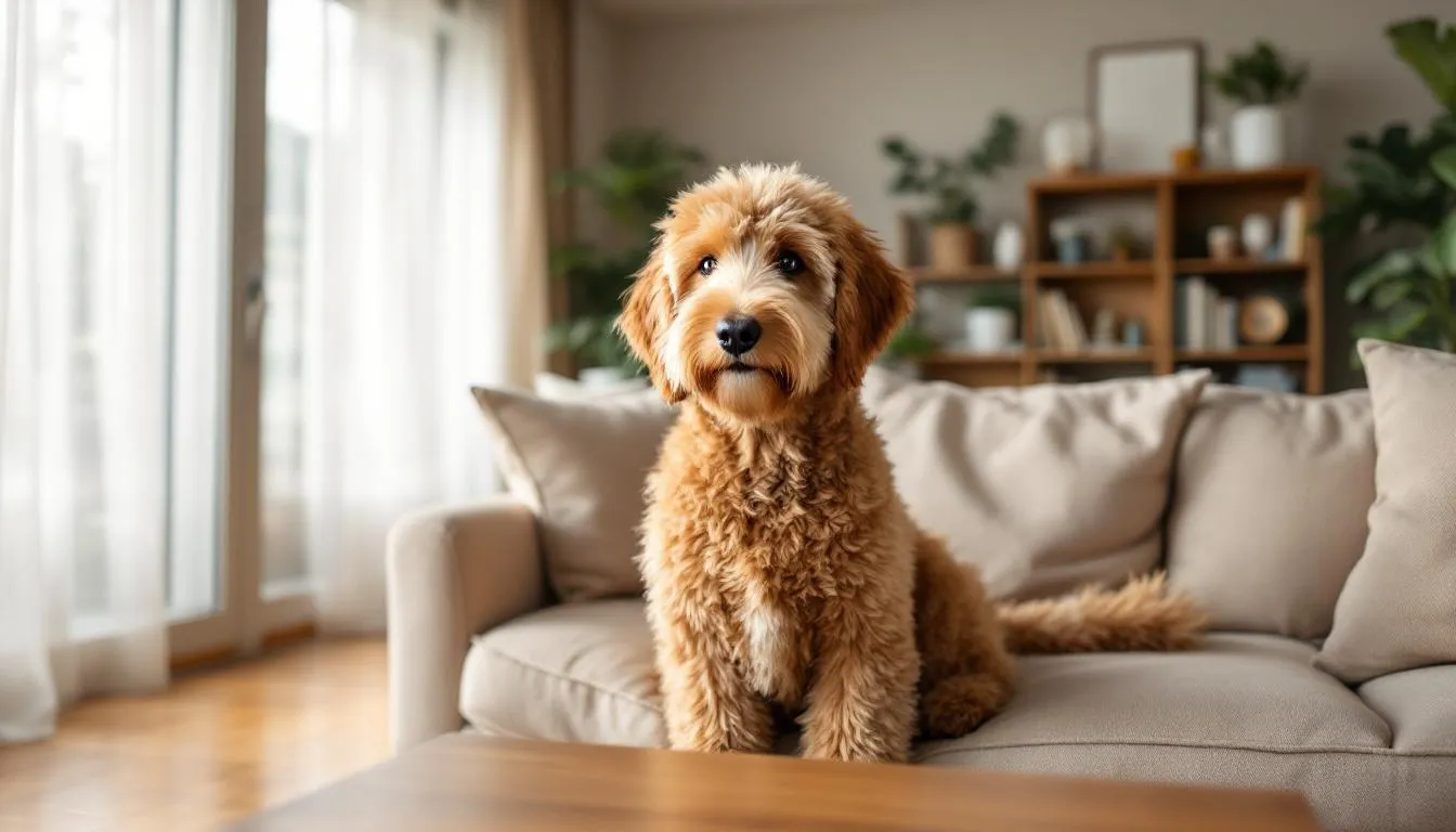 A goldendoodle with a curly coat is sitting comfortably in a cozy living room, showcasing its friendly demeanor. This breed is often considered hypoallergenic, making it a suitable choice for allergy sufferers who seek a canine companion with fewer allergens.
