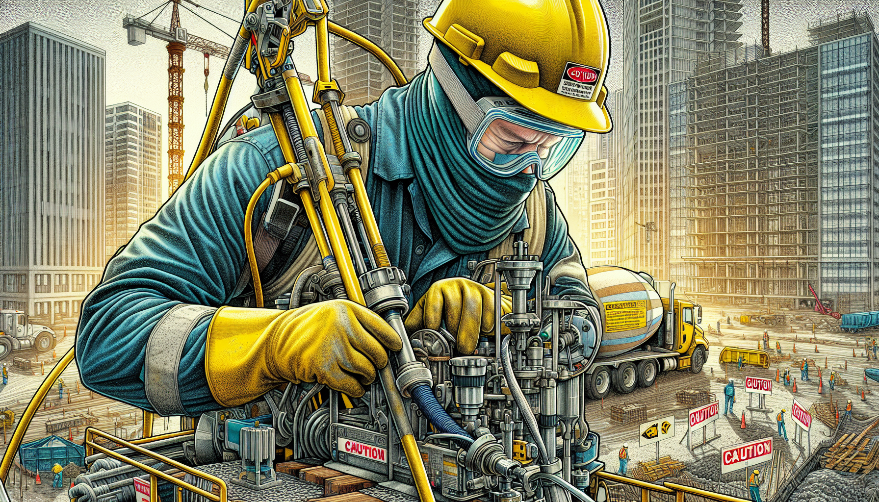 Illustration of key safety requirements for concrete pumping, highlighting personal protective equipment.