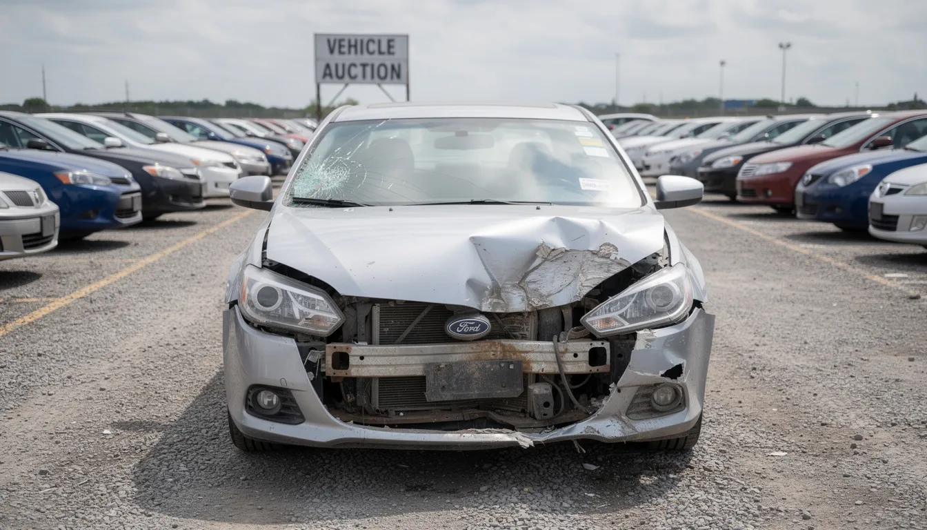The image shows a damaged sedan at a vehicle auction yard, prominently displaying front-end collision damage. This vehicle, likely a written off vehicle, may be listed in the written off vehicle register due to its significant structural damage.