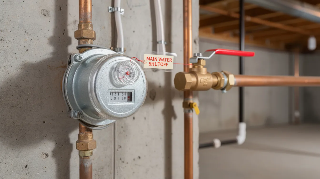 The image shows a residential main water shutoff valve located in a basement near the water meter, essential for controlling the water supply to the home. This valve is crucial for emergency plumbing situations, allowing homeowners to quickly stop water flow to prevent plumbing emergencies and potential water damage.