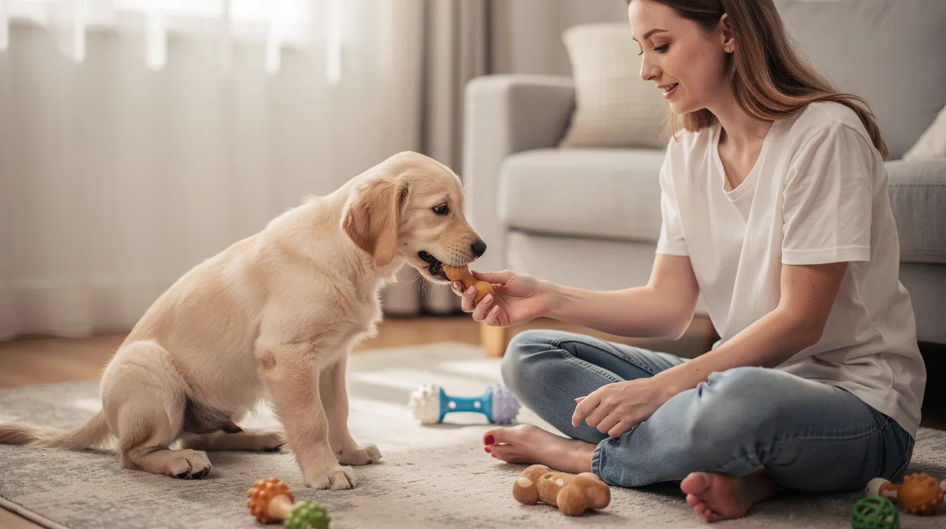 The image depicts a playful puppy engaging in gentle mouthing with a colorful chew toy, showcasing its sharp teeth but displaying a friendly demeanor. The scene highlights the importance of teaching bite inhibition and encouraging positive play behaviors in young dogs.