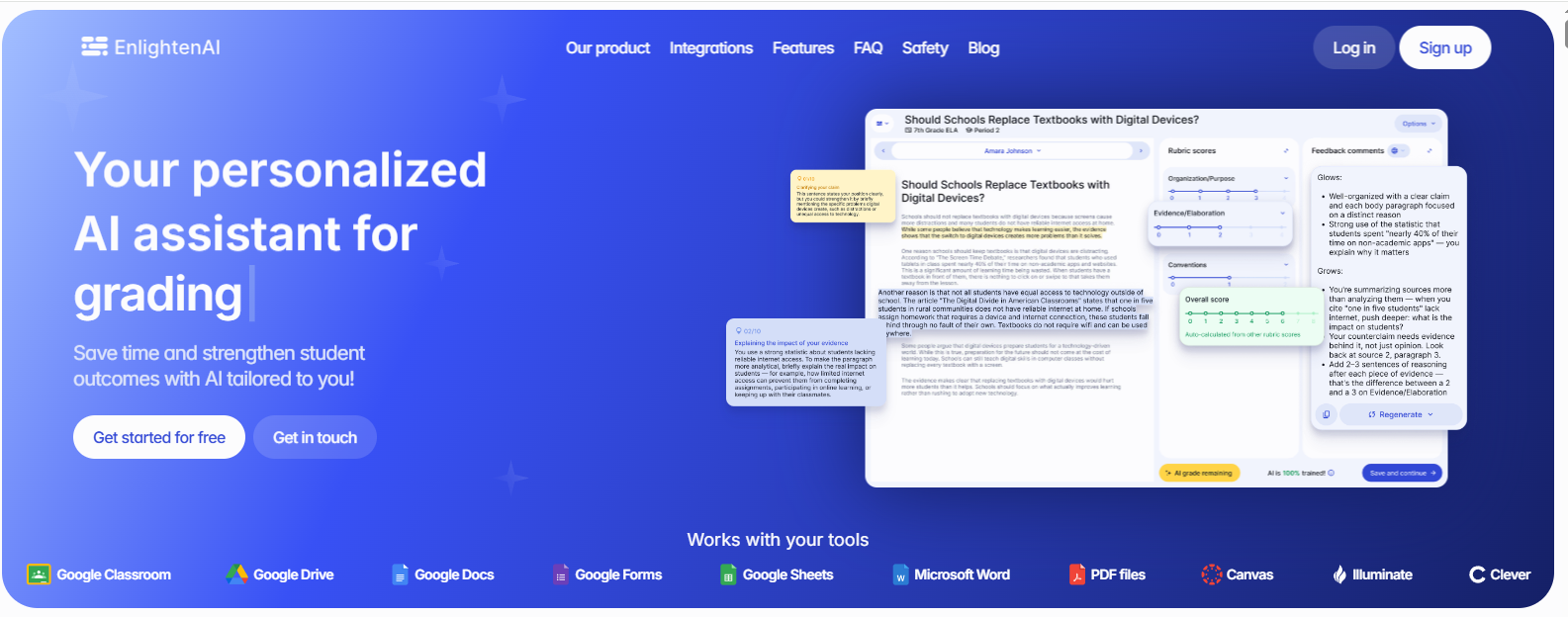 EnlightenAI homepage showcasing an AI grading assistant that provides automated essay scoring, rubric-based feedback, and seamless integration with classroom tools.