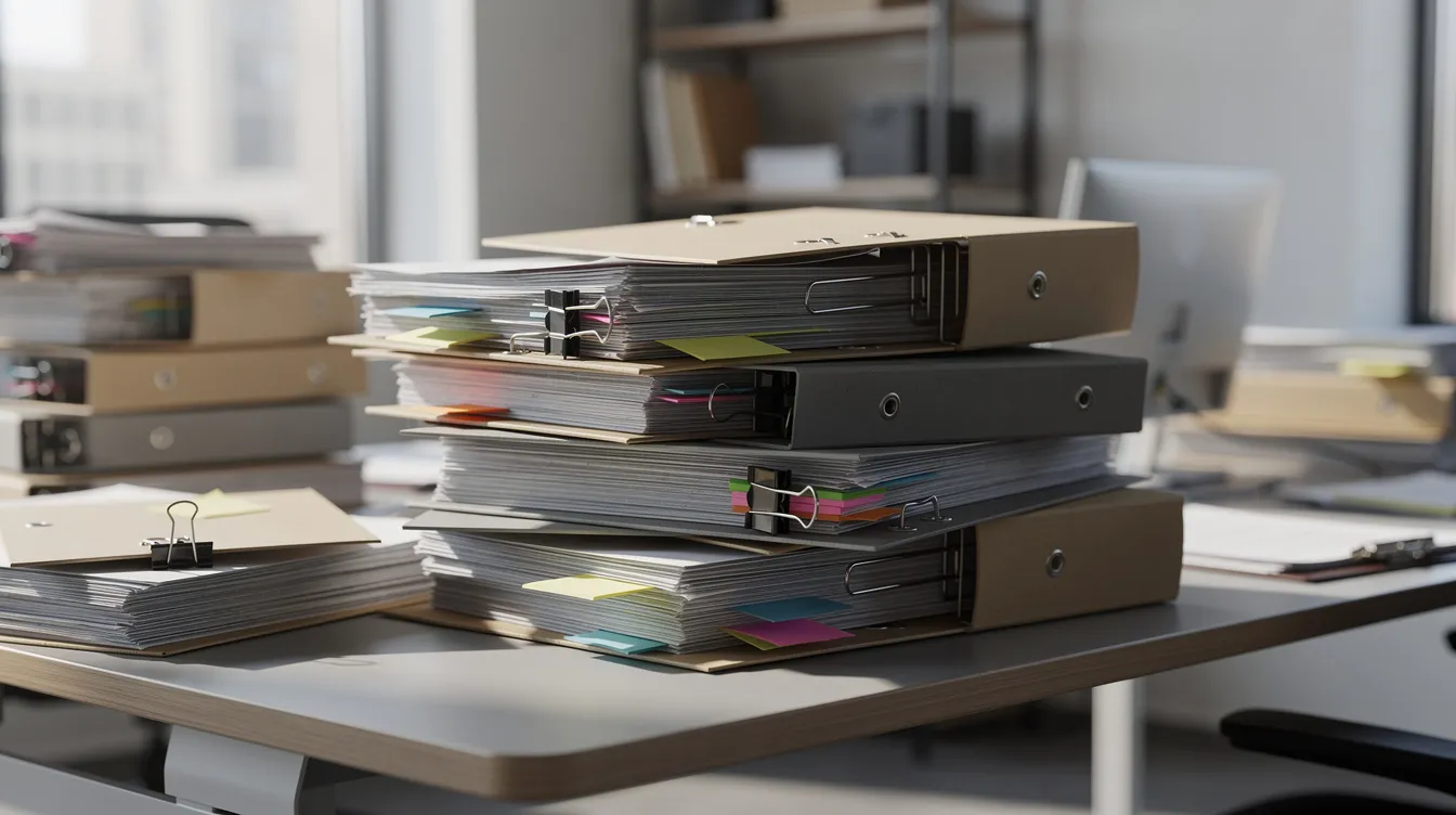 a49c9eb9 781b 4bcc aa30 4e348fd6116b The image features a cluttered office table with stacked files and documents of varying thickness, including project reports and financial documents related to business loans. These materials may contain essential information such as cash flow statements, financial projections, and project logistics details necessary for loan applications like the Mudra loan.